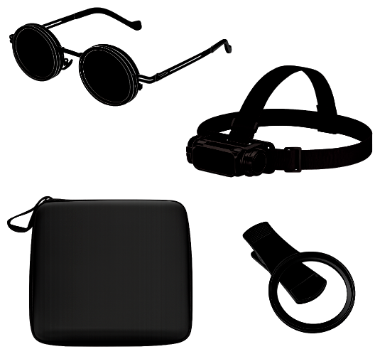 The full VOID Vision kit laid out: polarized glasses, motion headlamp, filter clip and hard carrying case